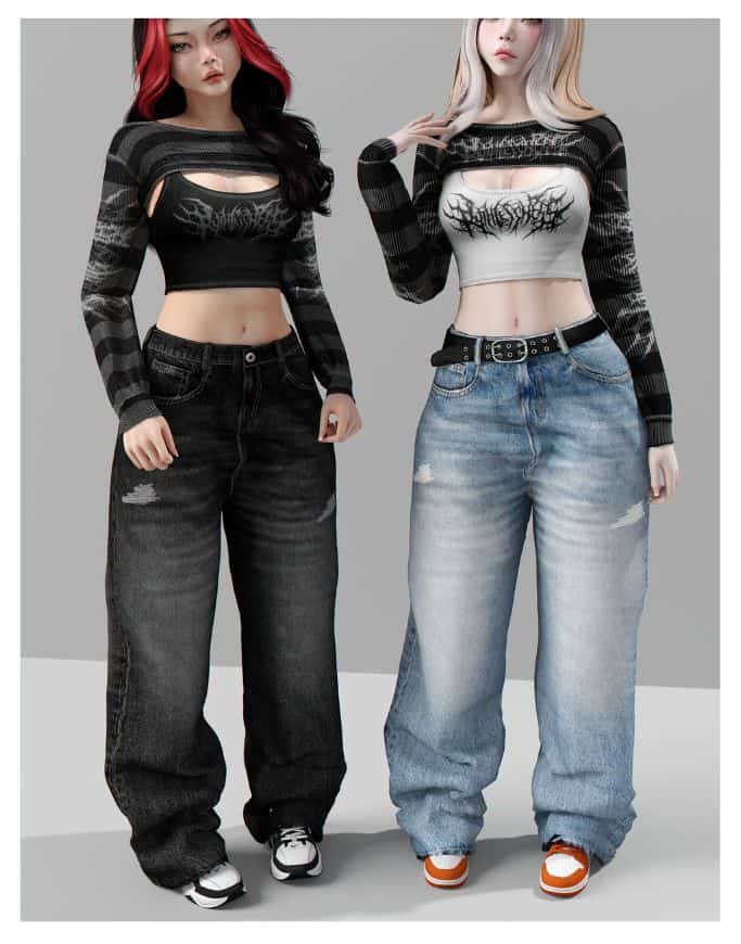 female sims wearing long sleeve cropped sweaters, jeans and belts