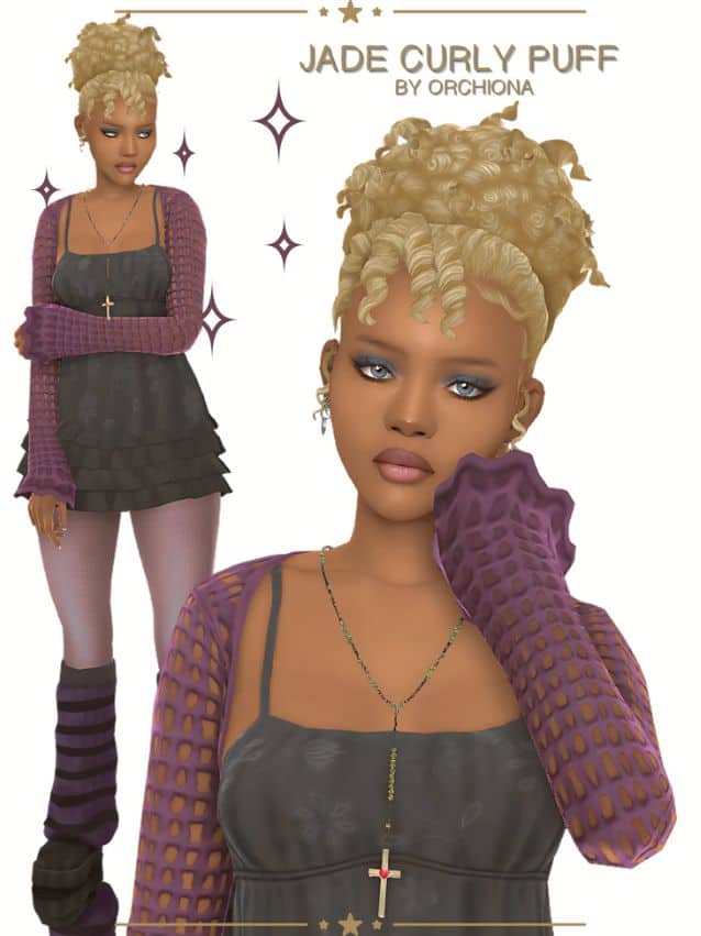 female sim with a updo curly puff hairstyle