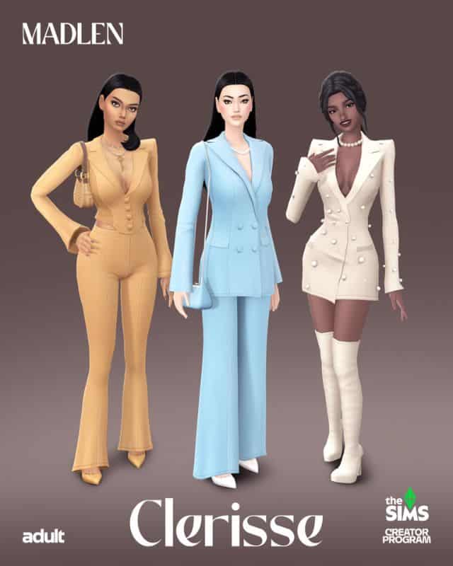 three female sims dressed in mixed styles of suits