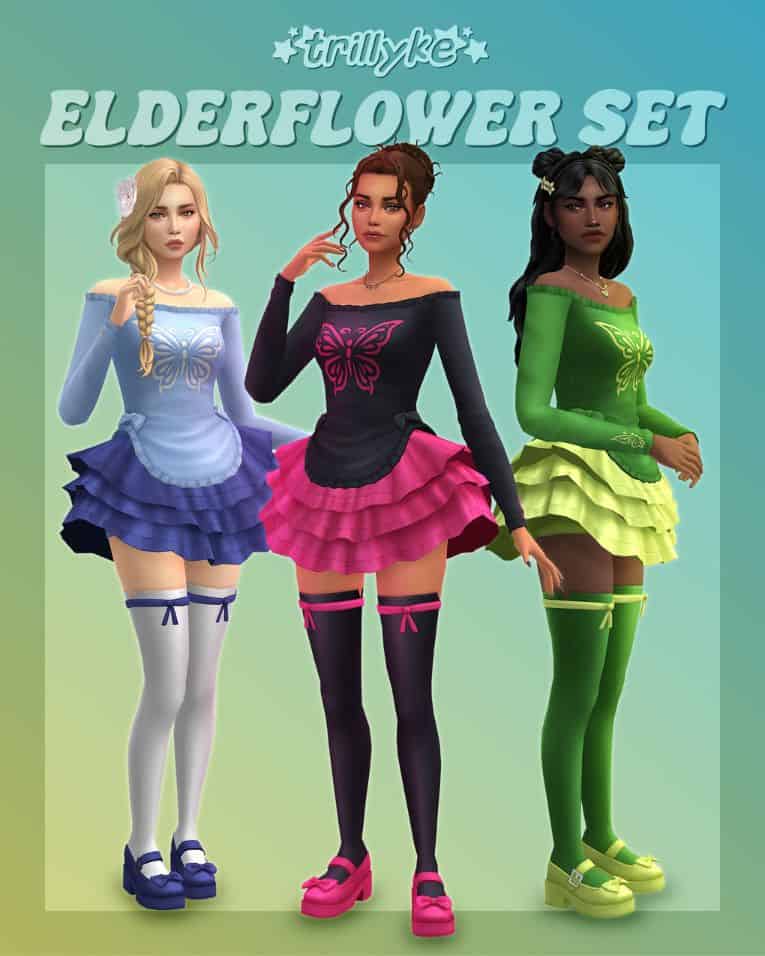 female sims wearing long sleeve tops, puffy skirts, stockings and heels