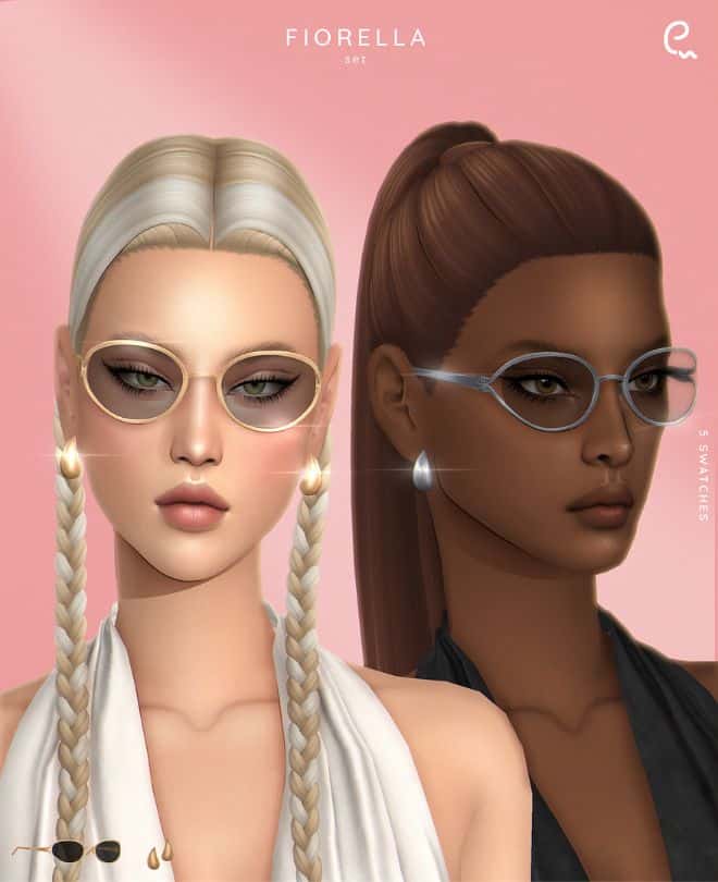 female sims wearing sunglasses and metallic earrings