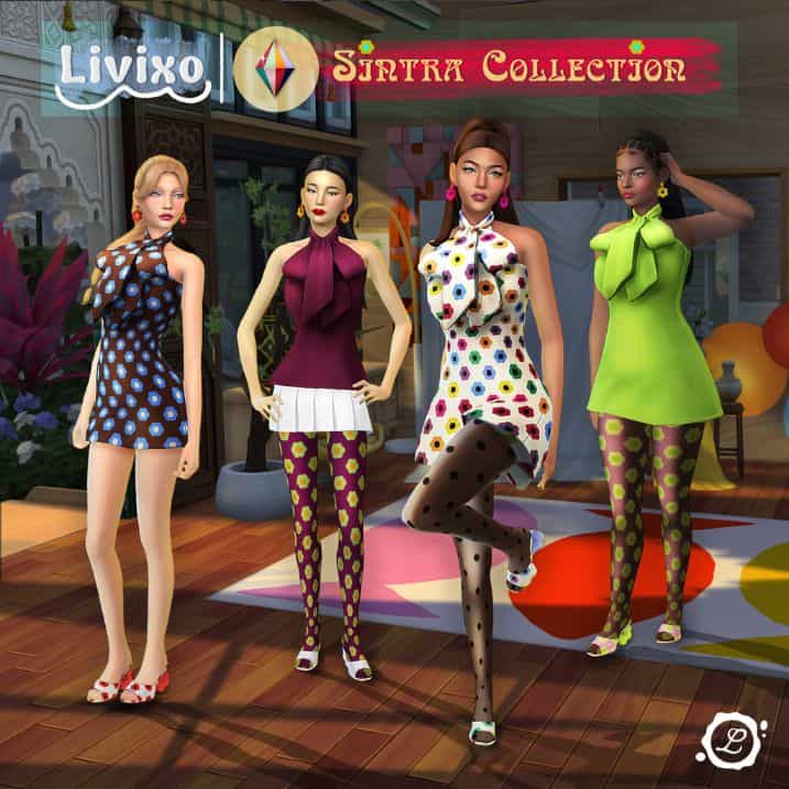 female sims dressed in vibrant, retro clothing