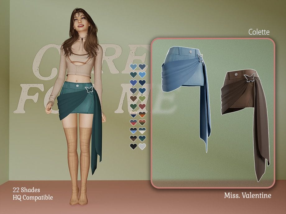 sim wearing a mini denim skirt and fabric draped across