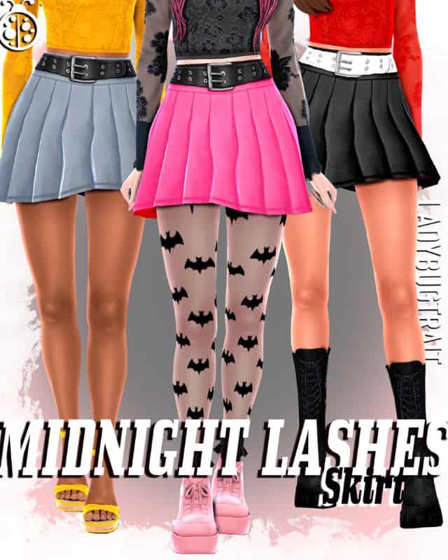 three structured, pleated mini skirt with a wide belts being modeled