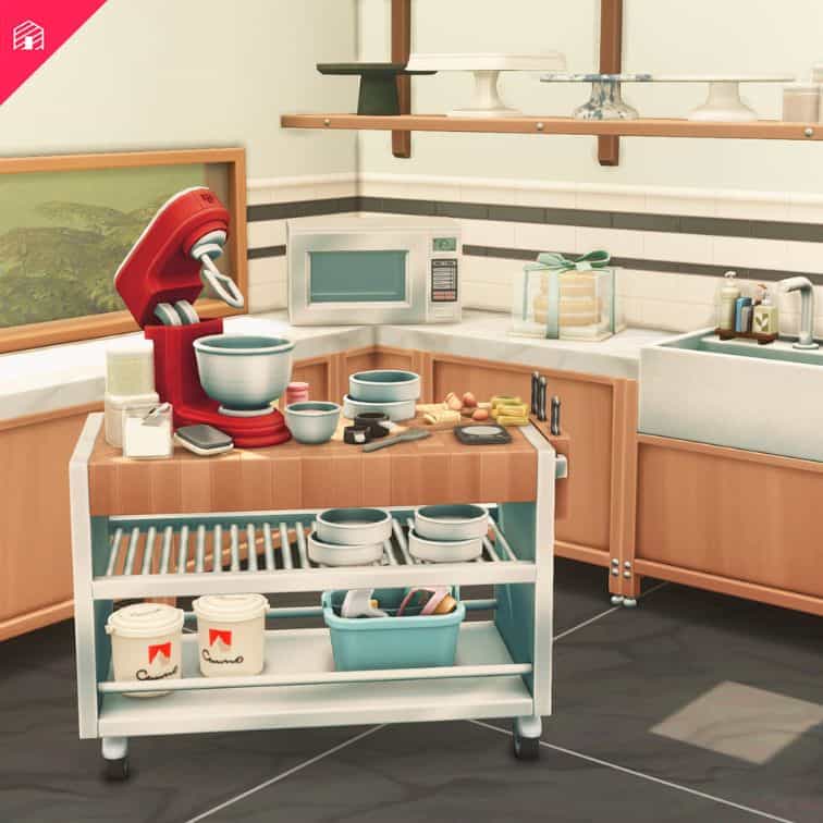 a sims kitchen with mixed baking items and a red stand mixer