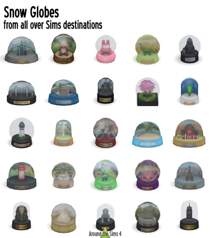 a collection of mixed snow globes
