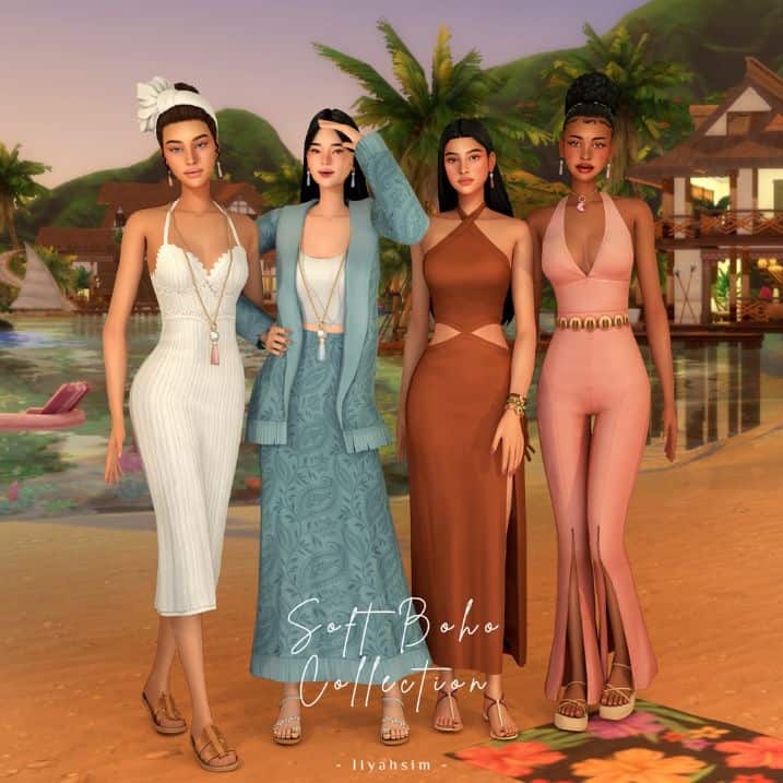 four female sims wearing chic boho clothing
