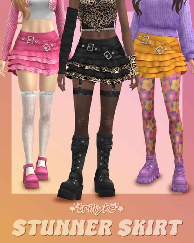 Sims wearing multi-layered ruffle mini skirts with buckle belt details