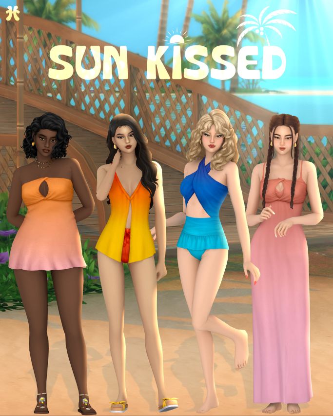 four female sims dressed in summer dresses and swimsuits