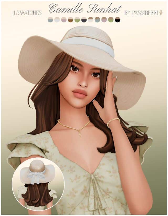 female sim wearing a beige sunhat