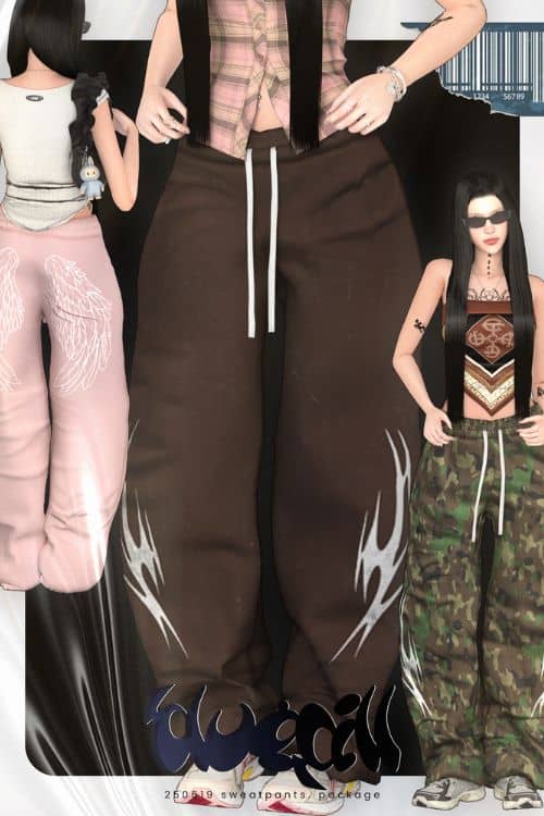 female sims wearing different color baggy sweatpants
