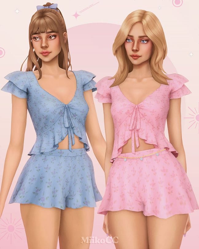 female sims dressed in frilly crop tops and flowy shorts
