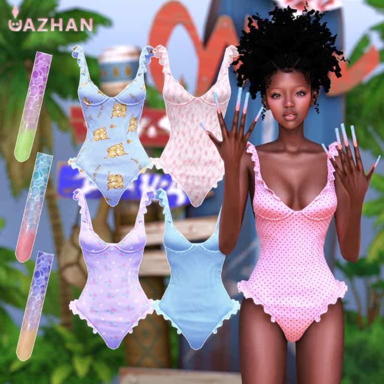 black female sim wearing a pink swimsuit and has long nails