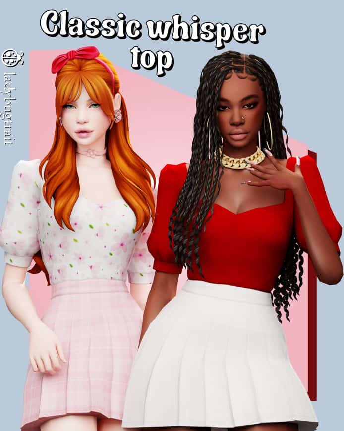 two female sims wearing tops with puff sleeves
