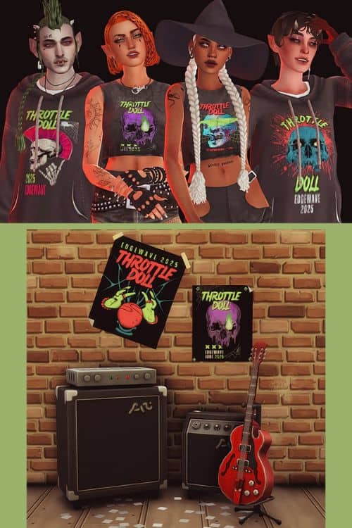 sims dressed in punk rock clothing with band posters on a while below