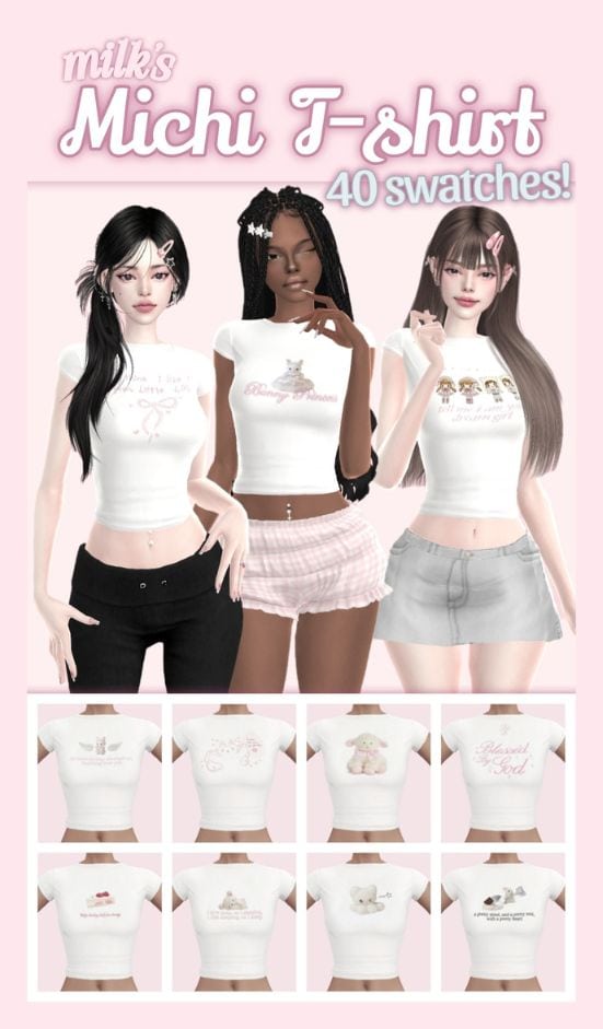 three female sims wearing white t-shirts with graphics on the front