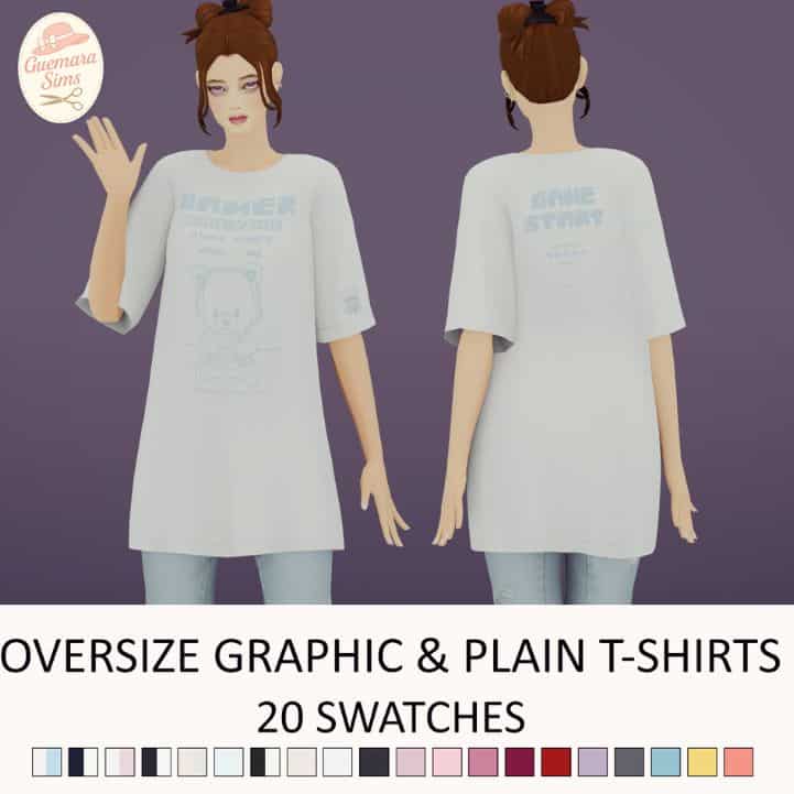 female sim wearing an oversized t-shirt