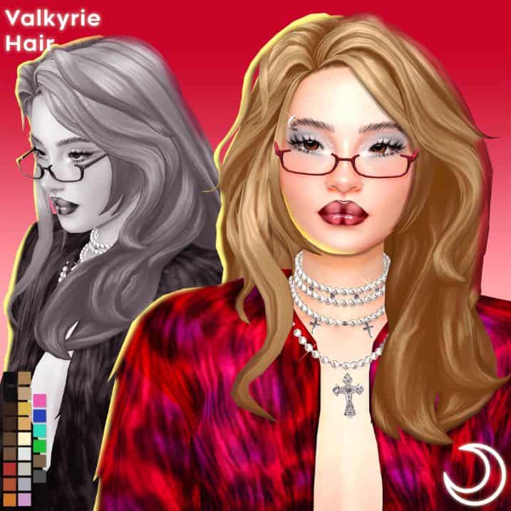 female sim with medium-length wavy hair