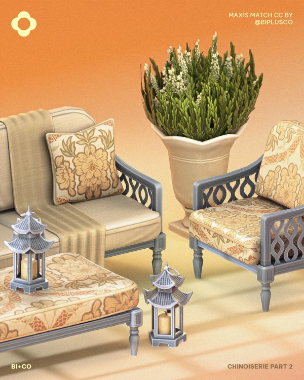 a living room with Chinoiserie-inspired furniture pieces