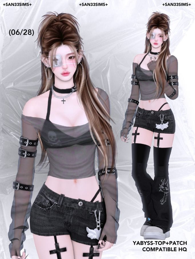 female sim dressed in a bikini bra with a mesh top, mini denim shorts and long legwarmers