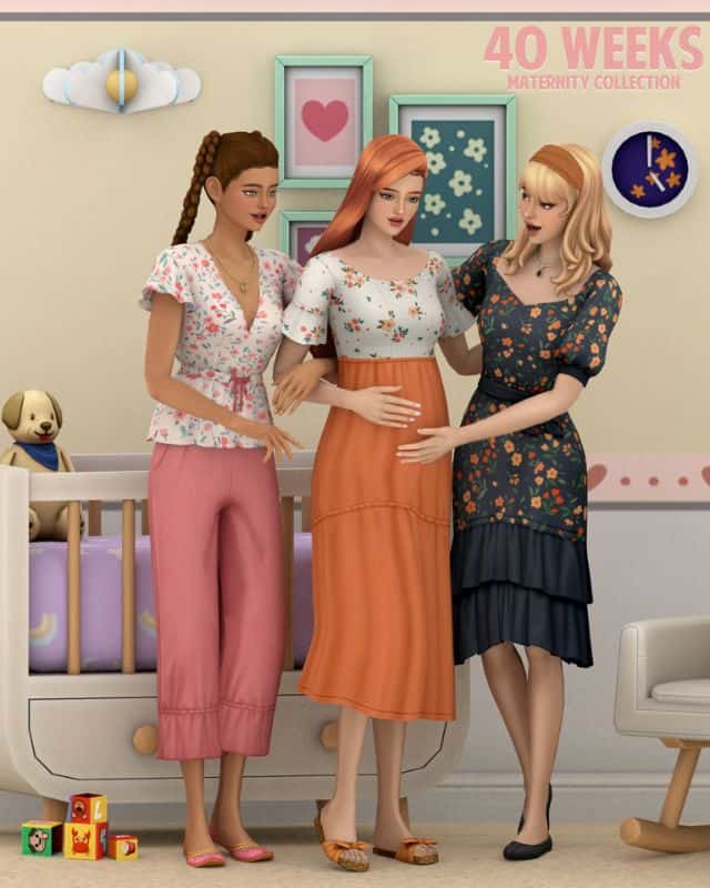 female sims dressed in floral maternity clothes