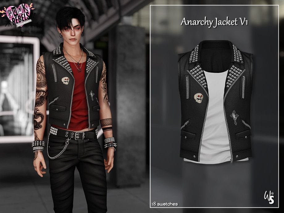 male sim wearing a sleeveless leather jacket with metal studs