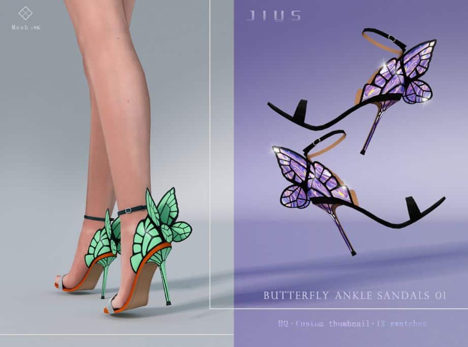two pairs of butterfly ankle sandals, one in turquoise and another in purple