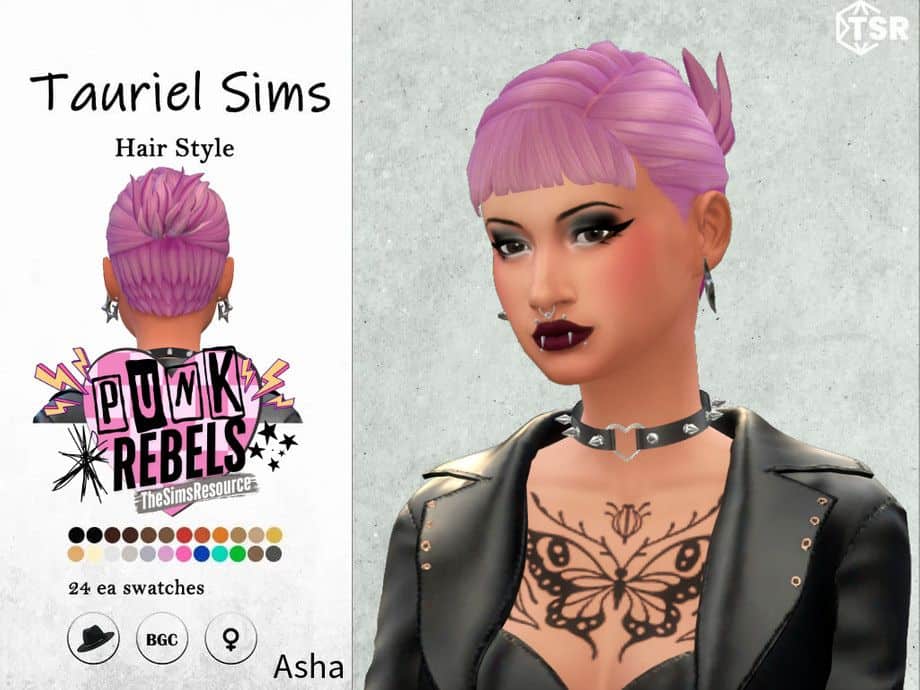 female sim with short purple hair with bangs