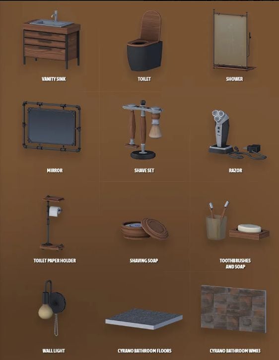 male sim standing in a modern industrial-style bathroom