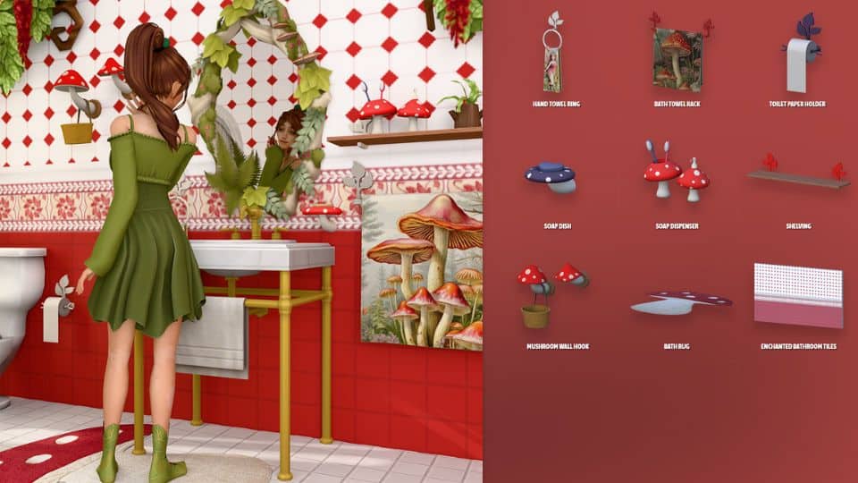 sim standing in a mushroom-themed bathroom