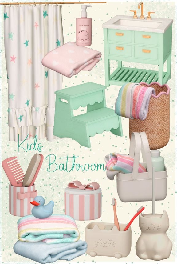 collage of mixed bathroom pieces for kids