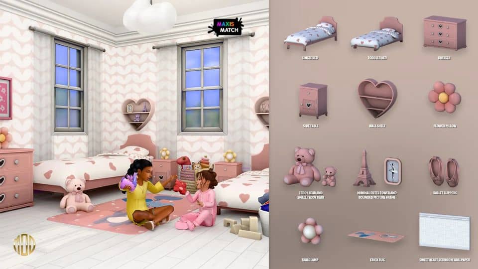 sims children playing in a bedroom, and cc pieces show in the collage on the side