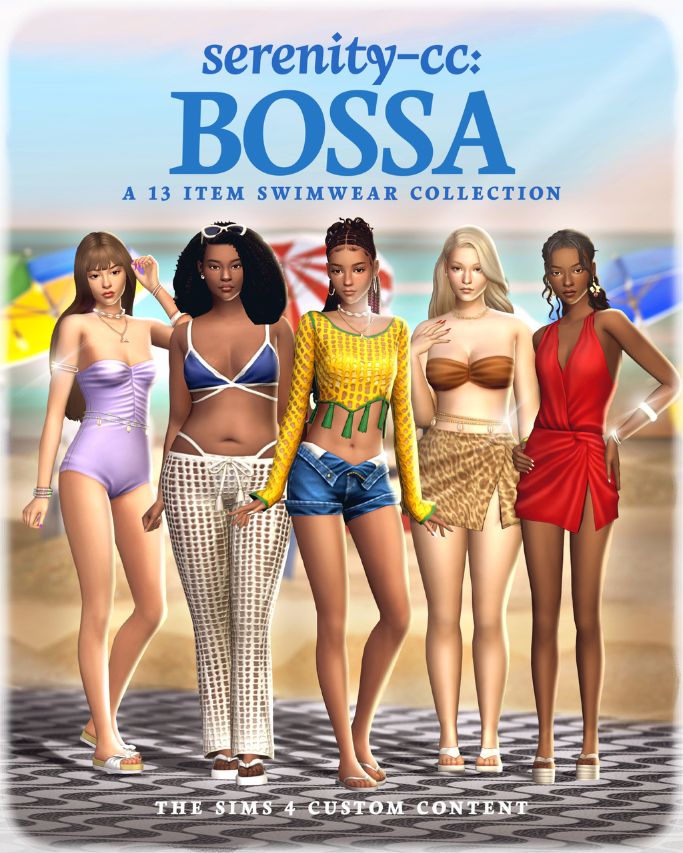 female sims dressed in swimsuits and summer clothes