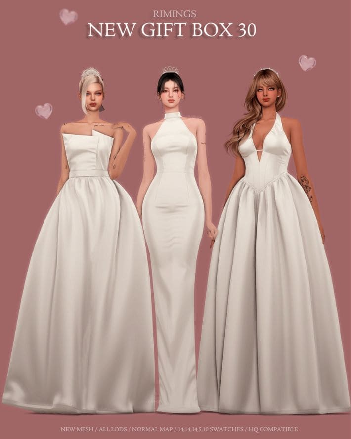 three female sims dressed in wedding dresses