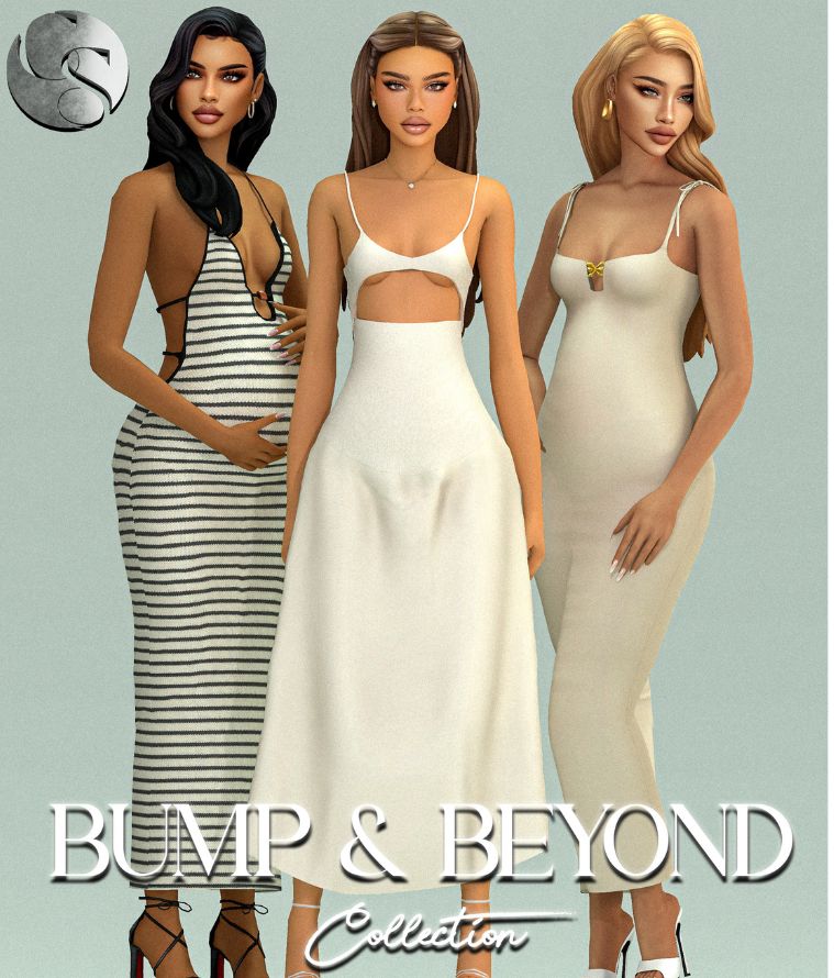three female sims wearing summer dresses