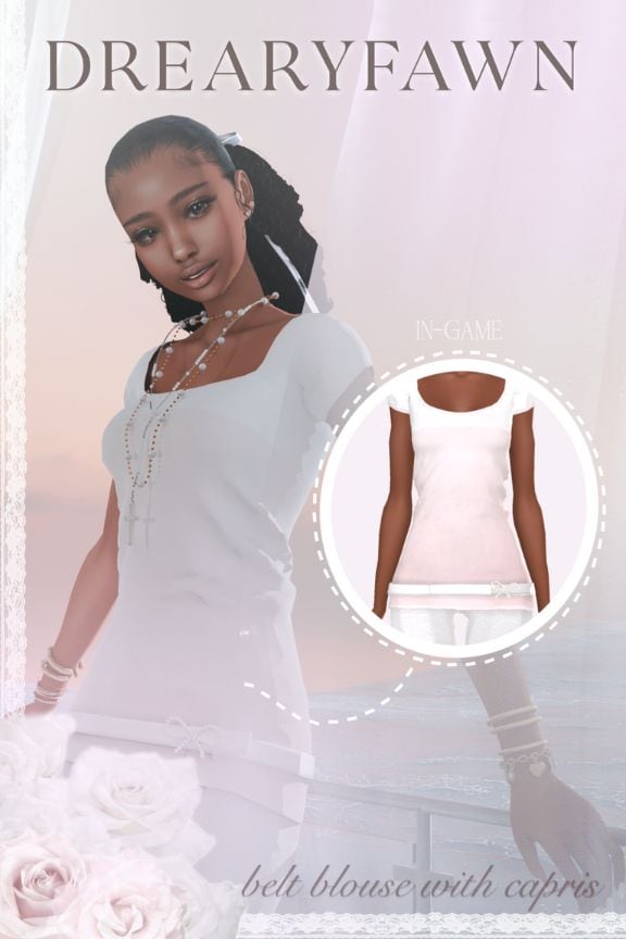 black female sim wearing a casual belt blouse and capris