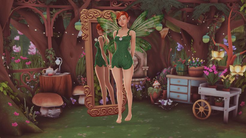 fairy sim in front of a mirror with plants and trees around