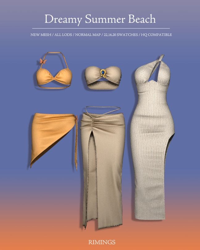 collage of summer beach clothing pieces and swimsuit tops