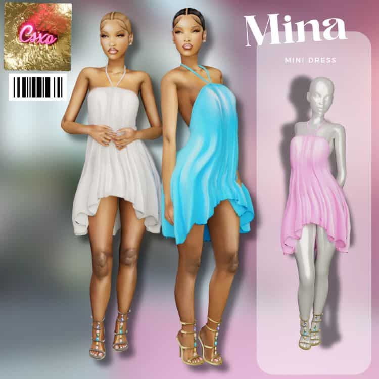 black female sim wearing a halter dress and heels