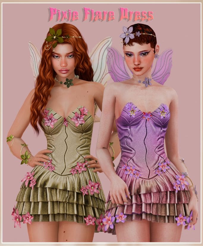 female fairies wearing strapless dresses with flower details