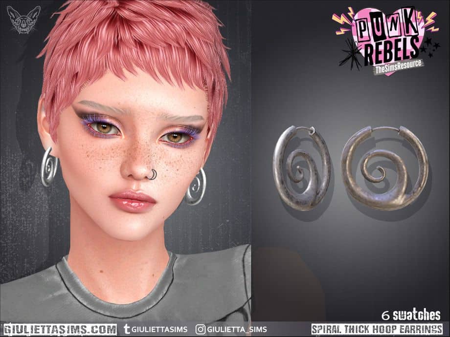 female sim wearing silver spiral hoop earrings