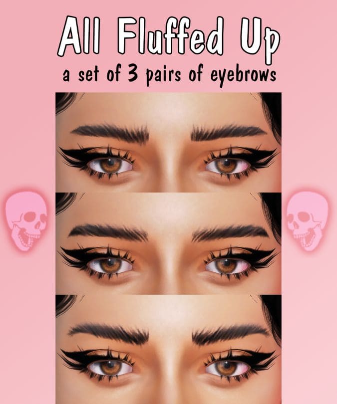 close up of three different fluffed eyebrows cc options