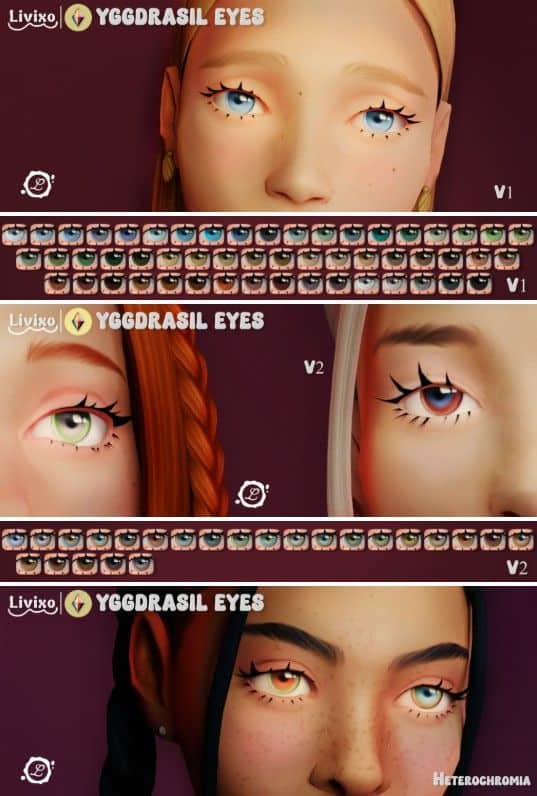 close up of different Sims eyes