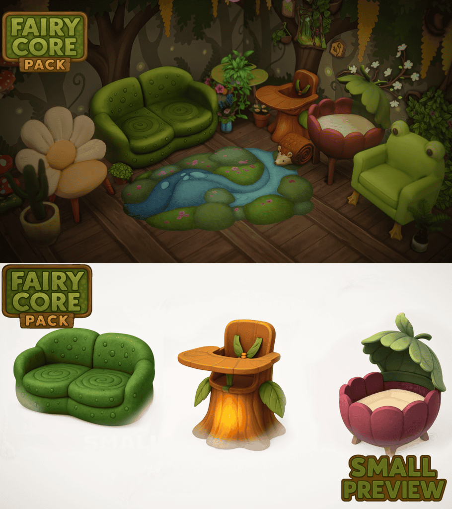 a living room with fairy core furniture pieces