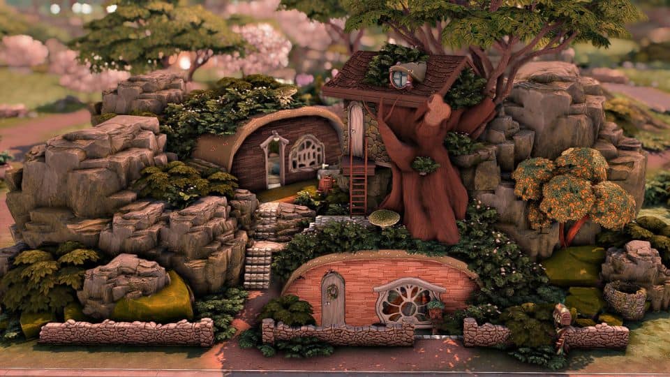 a fairy hobbit-style starter house surrounded by rocks
