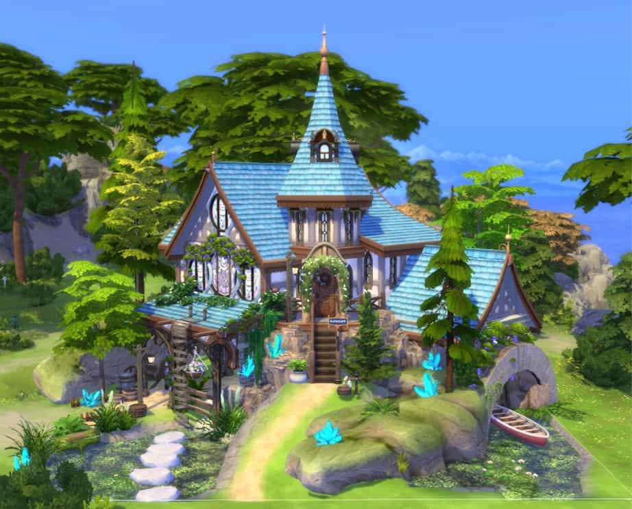 a blue fairy house surrounded by a colorful forest