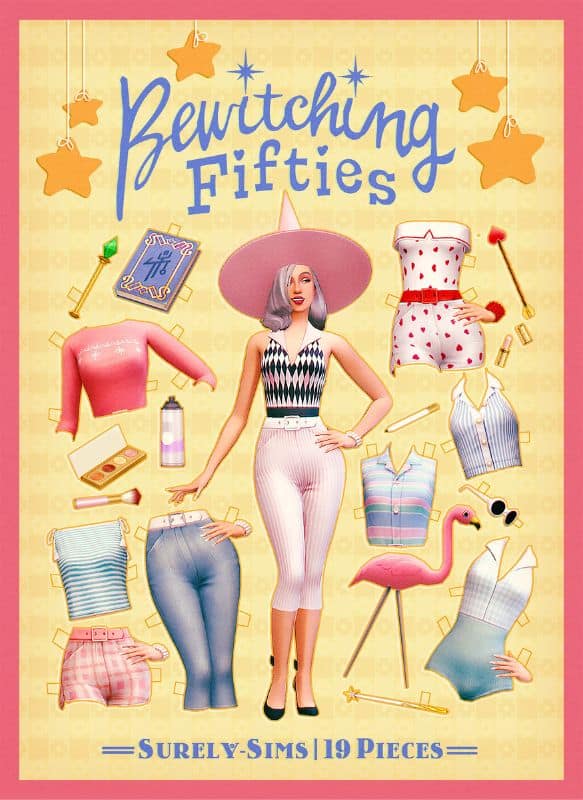 female sim wearing a witch hat and surrounded by 50s inspired pieces