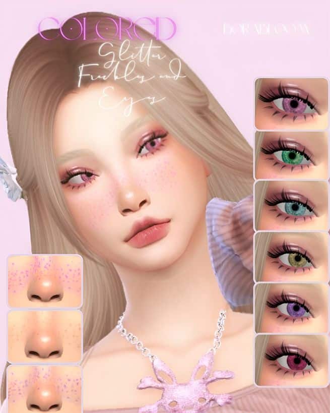 female sim with colored glitter cc eyes and freckles