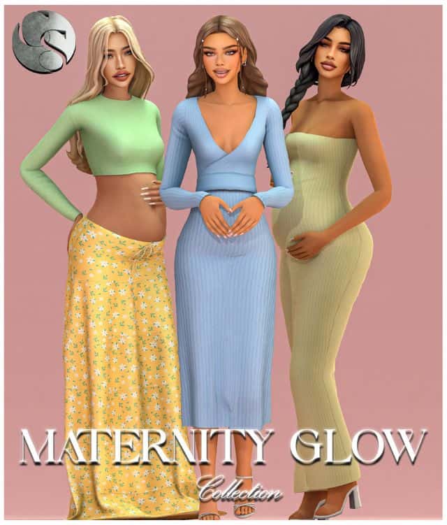 female sims dressed in summer maternity clothes