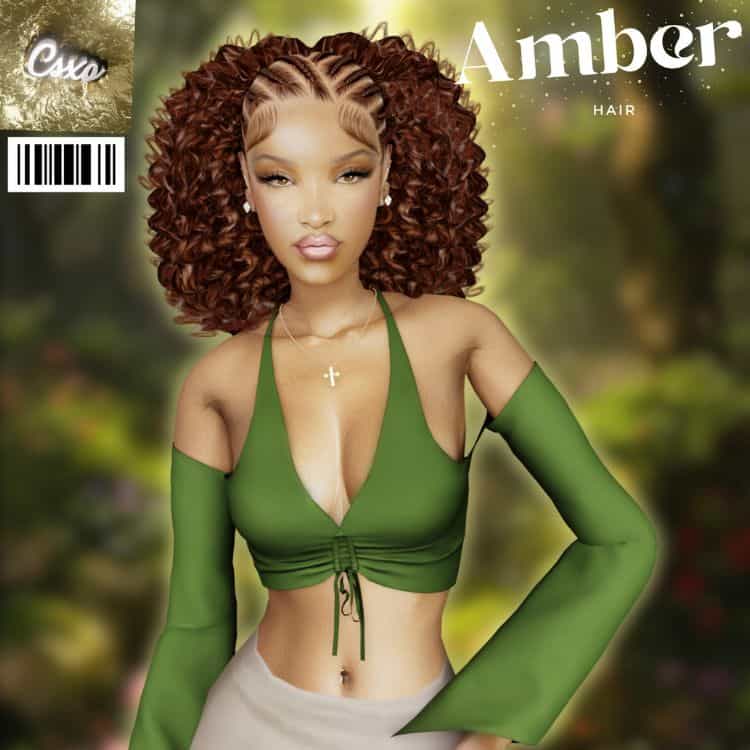 female black sim with narrow crown braids which lead into large voluminous curls